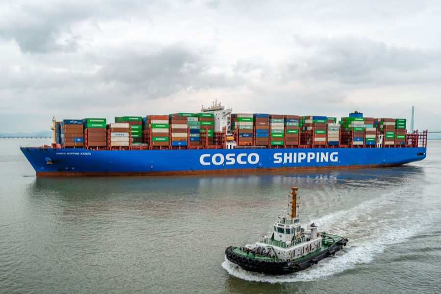 COSCO container ship leaving Ningbo Harbour, China
