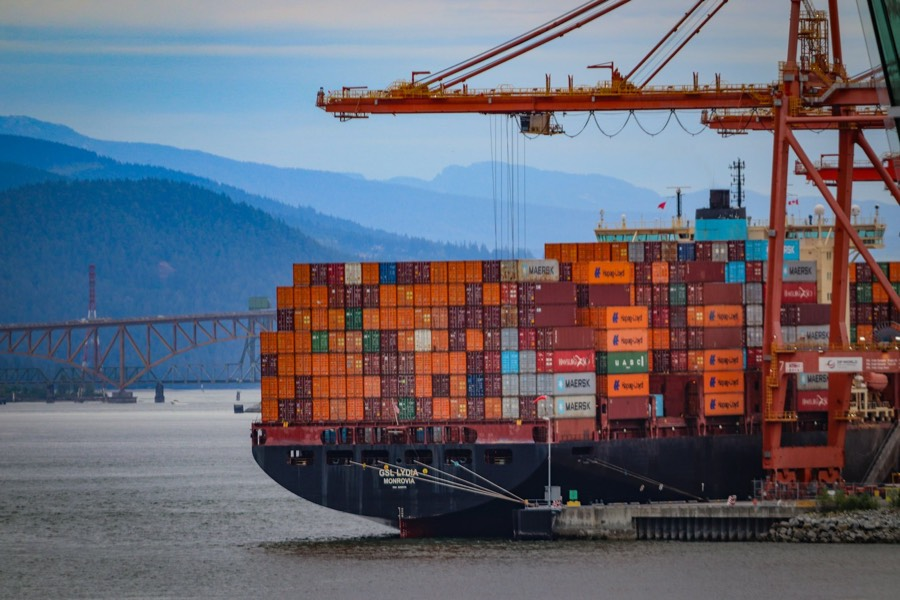 Container ship being loaded at a port